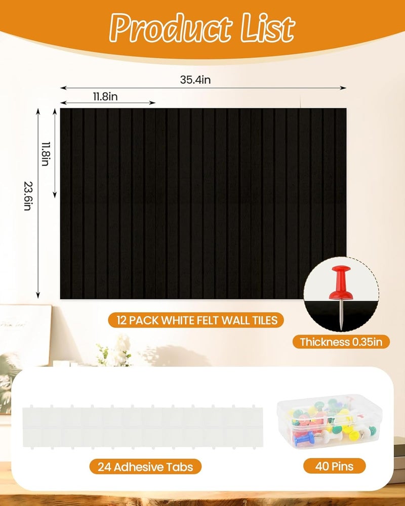 Aipiahio لوحة فلين كبيرة للجدار 36" × 24"، لوحة إعلانات سوداء، 12 قطعة من بلاط الفelt للجدران مع 40 دبابيس دفع، لوحات الفلين لمكتب دبابيس التثبيت، ديكور جدران المدرسة - Image 2